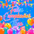 A vibrant animated GIF with 'Feliz Cumpleaños Theo' written in colorful script, surrounded by balloons, confetti, and bunting on a bright blue background.