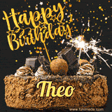 Animated GIF featuring the text 'Happy Birthday Theo' written in glittering gold above the luxurious chocolate birthday cake adorned with truffles, gold stars, and sparklers.