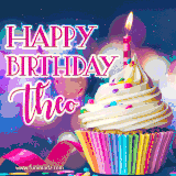 A festive animated GIF featuring a colorful cupcake with a single lit candle, sprinkles, and 'Happy Birthday Theo' text against a sparkling, celebratory background.