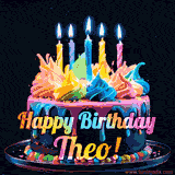 A vibrant animated GIF featuring a colorful rotating birthday cake with bright frosting swirls, glowing candles, and the text 'Happy Birthday Theo!' in rainbow colors.