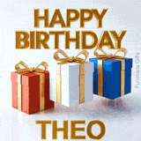 High definition animated birthday greeting for Theo showcasing vibrant red, white, and blue gift packages jumping alongside elegant gold lettering