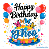 A colorful cake topped with pink, orange, blue, and yellow butterflies, designed as a birthday GIF for Theo.