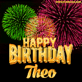 A captivating GIF with bursts of green, pink, and orange fireworks lighting up the night sky, accompanied by 'Happy Birthday Theo' in glowing golden text.