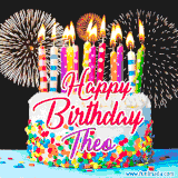 A lively happy birthday animated GIF showcasing a colorful birthday cake covered in sprinkles, topped with glowing candles, and surrounded by vibrant fireworks. The name 'Theo' is featured in elegant script.