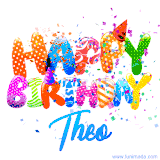 Animated GIF with colorful, festive 'Happy Birthday Theo' text decorated with patterns, a party hat, and falling confetti. A vibrant and cheerful design for birthday celebrations.