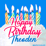 A cheerful animated GIF featuring colorful lit birthday candles on a white cake, with the text 'Happy Birthday Theoden' in bold red and blue script on a bright blue background.