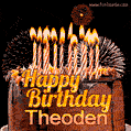 A rich chocolate cake topped with glowing birthday candles and surrounded by bright fireworks. The animated GIF displays the message 'Happy Birthday Theoden' in golden text.