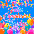 A vibrant animated GIF with 'Feliz Cumpleaños Theoden' written in colorful script, surrounded by balloons, confetti, and bunting on a bright blue background.