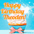 A cheerful animated GIF of a cupcake with creamy frosting, a red checkered ribbon, and a bright sparkler on top. The text 'Happy Birthday Theoden!' is displayed in vibrant orange and red.