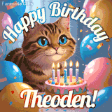 A playful tabby cat sits behind a colorful birthday cake surrounded by balloons and confetti, with 'Happy Birthday Theoden!' written above in festive letters.