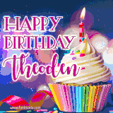 A festive animated GIF featuring a colorful cupcake with a single lit candle, sprinkles, and 'Happy Birthday Theoden' text against a sparkling, celebratory background.