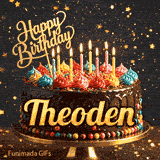 Gourmet chocolate cake on a pedestal with glowing candles and colorful whipped frosting, custom-made for Theoden.