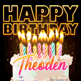 A vibrant animated GIF featuring a delicious birthday cake topped with glowing candles and the name 'Theoden' in elegant script, and the words 'Happy Birthday' on the black background.