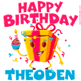 A funny animated birthday GIF with the words 'Happy Birthday Theodena', colorful gift box with arms and legs, holding a cupcake with a lit candle  with confetti everywhere.