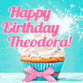 Happy Birthday Theodora! Elegang Sparkling Cupcake GIF Image.