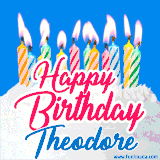 A cheerful animated GIF featuring colorful lit birthday candles on a white cake, with the text 'Happy Birthday Theodore' in bold red and blue script on a bright blue background.