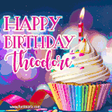 A festive animated GIF featuring a colorful cupcake with a single lit candle, sprinkles, and 'Happy Birthday Theodore' text against a sparkling, celebratory background.