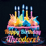 A vibrant animated GIF featuring a colorful rotating birthday cake with bright frosting swirls, glowing candles, and the text 'Happy Birthday Theodore!' in rainbow colors.