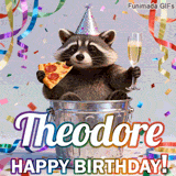 A humorous and festive Birthday GIF for Theodore. The raccoon enjoys a feast in a bin, adding a touch of comedy to the special wish with vibrant decorations.