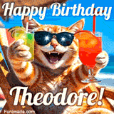 A cheerful cat wearing sunglasses, enjoying drinks on a sunny beach chair, with the text 'Happy Birthday Theodore!' in bright letters.