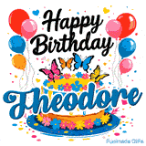 A festive white cake on a blue plate with the name Theodore, framed by colorful balloon bouquets and small hearts.
