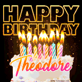 A vibrant animated GIF featuring a delicious birthday cake topped with glowing candles and the name 'Theodore' in elegant script, and the words 'Happy Birthday' on the black background.