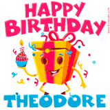 A funny animated birthday GIF with the words 'Happy Birthday Theodorea', colorful gift box with arms and legs, holding a cupcake with a lit candle  with confetti everywhere.