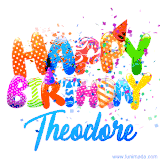Animated GIF with colorful, festive 'Happy Birthday Theodore' text decorated with patterns, a party hat, and falling confetti. A vibrant and cheerful design for birthday celebrations.