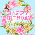 Beautiful Birthday Flowers Card for Theodosia with Glitter Animated Butterflies