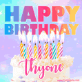 Animated Happy Birthday Cake with Name Thyone and Burning Candles