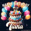 Hand-drawn happy birthday cake adorned with an arch of colorful balloons - name GIF for Tiana