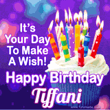 A colorful birthday GIF for Tiffani featuring a cupcake with vibrant lit candles and the text 'It's Your Day to Make a Wish! Happy Birthday Tiffani' in bold letters on a festive purple background.