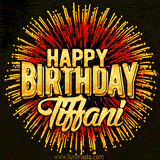 Golden 'Happy Birthday Tiffani' text accompanied by animated rainbow fireworks for a festive animated greeting.