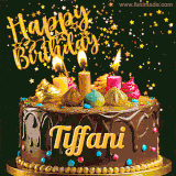 A delightful chocolate birthday cake with bright candles and 'Happy Birthday Tiffani' written in gold amidst a shower of animated stars.