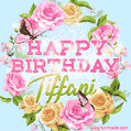 A charming animated GIF featuring 'Happy Birthday Tiffani' in pink and green text, surrounded by delicate roses, leaves, and fluttering butterflies on a soft light blue pastel background.