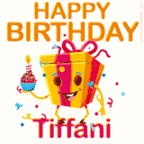A vibrant and funny gift box character with a happy face dancing with a cupcake and the text 'Happy Birthday Tiffani,' surrounded by animated confetti and party vibes.