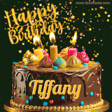 A delightful chocolate birthday cake with bright candles and 'Happy Birthday Tiffany' written in gold amidst a shower of animated stars.