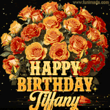 Animated bouquet of orange roses with moving butterfles and golden 'Happy Birthday Tiffany' text, surrounded by sparkling accents and a dark backdrop for a luxurious feel.