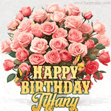 Golden 'Happy Birthday Tiffany' text beneath a vibrant bouquet of orange roses, complete with glittering butterflies and sparkling details.