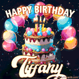 Bright birthday animation for Tiffany with a chocolate cake, candles, balloons, and glowing celebratory lights.
