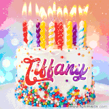 A cheerful white birthday cake with multicolor sprinkles, lit candles, and 'Tiffany' written in vibrant letters, in an animated GIF.