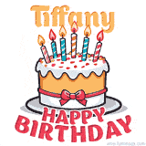 Cartoon birthday cake with a red bow, glowing candles, and 'Tiffany Happy Birthday' text in bold animated style.