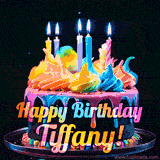 A mesmerizing animated cake with multicolor frosting and candles, and the words 'Happy Birthday Tiffany' on the black background.