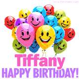 Animated colorful and joyful birthday balloons with cheerful smiles and a bright 'Happy Birthday Tiffany!' message in pink and purple.