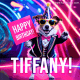 Animated GIF of a cool dog wearing a suit and sunglasses, holding a 'Happy Birthday' sign for Tiffany, set against a bright and colorful neon party background.