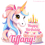 An adorable animated unicorn with soft pastel colors sits beside a birthday cake with glowing candles, and a pink 'Happy Birthday Tiffany!' words.