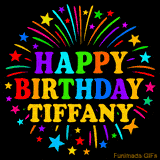 Personalized greeting card with name, colorful text that says 'Happy Birthday Tiffany' surrounded by animated fireworks and multicolor stars