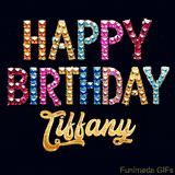 Vibrant luxury birthday greeting card for Tiffany, showing glittering gemstone letters and golden calligraphy on a dark background with twinkling shine effects.