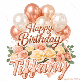 Beautifully animated Happy Birthday Tiffany e-card with rose gold decorations