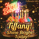 An animated birthday card featuring a detailed chocolate cake under falling gold dust, personalized for Tiffany.